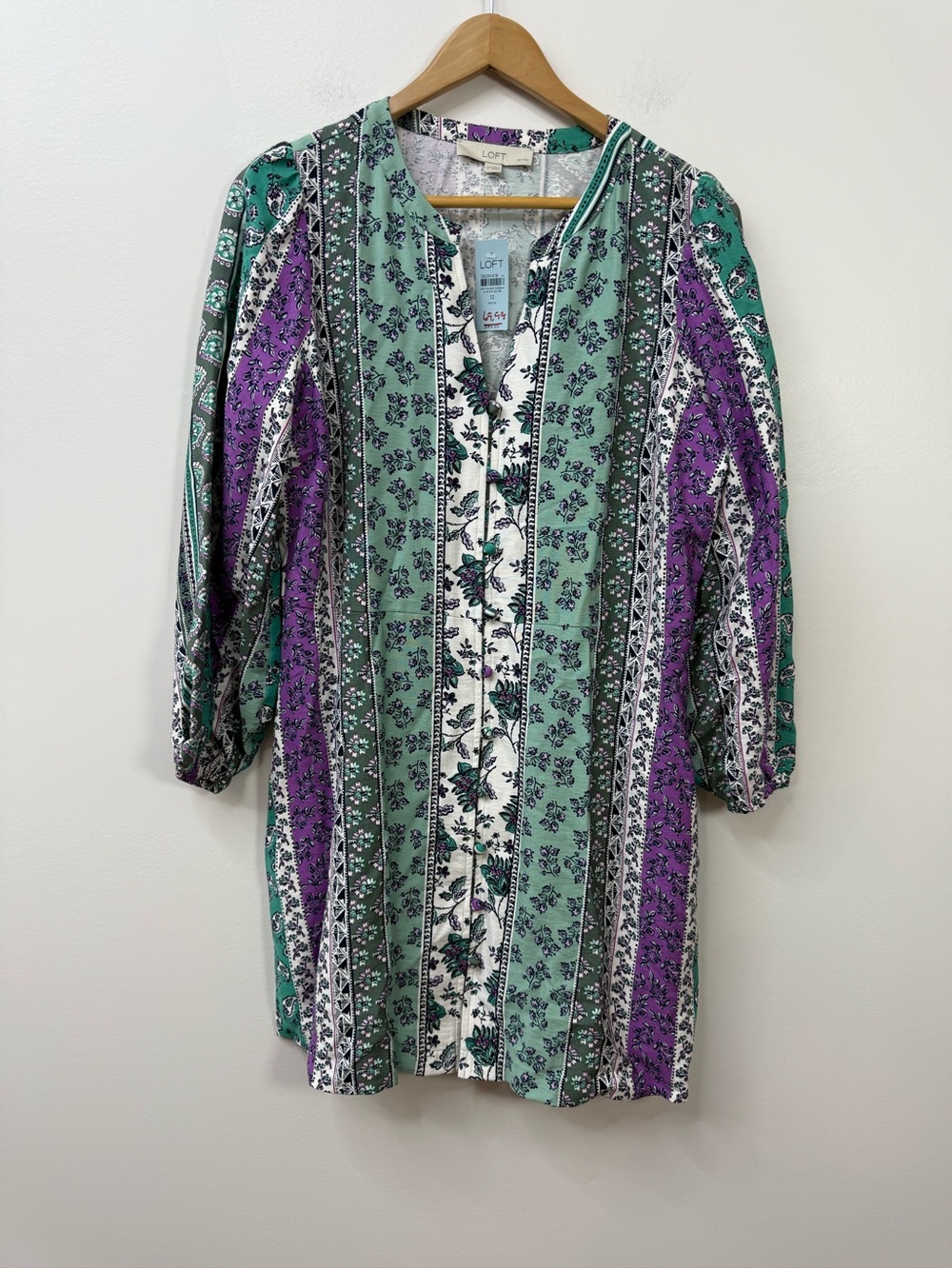 LOFT purple and green vertical-striped floral boho tunic dress size 12P - Picture 2 of 9
